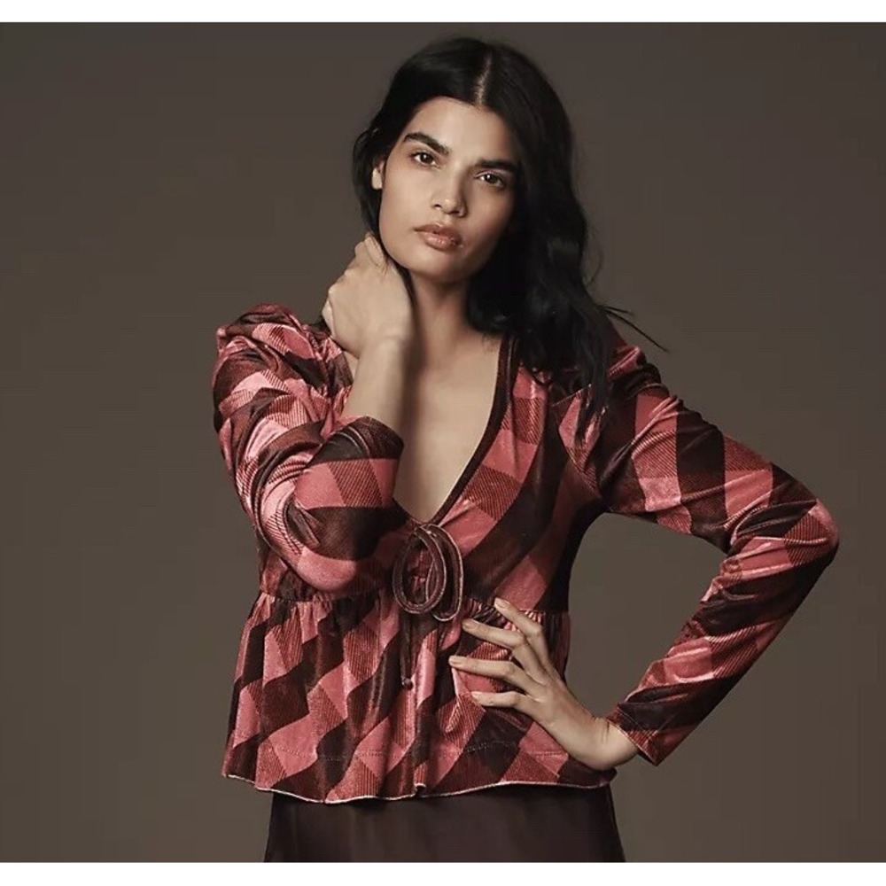 NEW Anthropologie Maeve Velvet Babydoll Plaid Top Pink Purple‎ Size Medium NWT